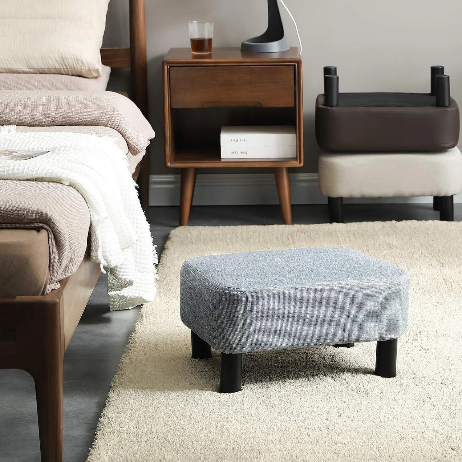IBUYKE 16.54" Small Footstool Linen Fabric Pouf Ottoman Footrest Modern Home Bedroom Rectangular Stool, with Padded Seat Pine Wood Legs, Gray Blue RF-BD214-D