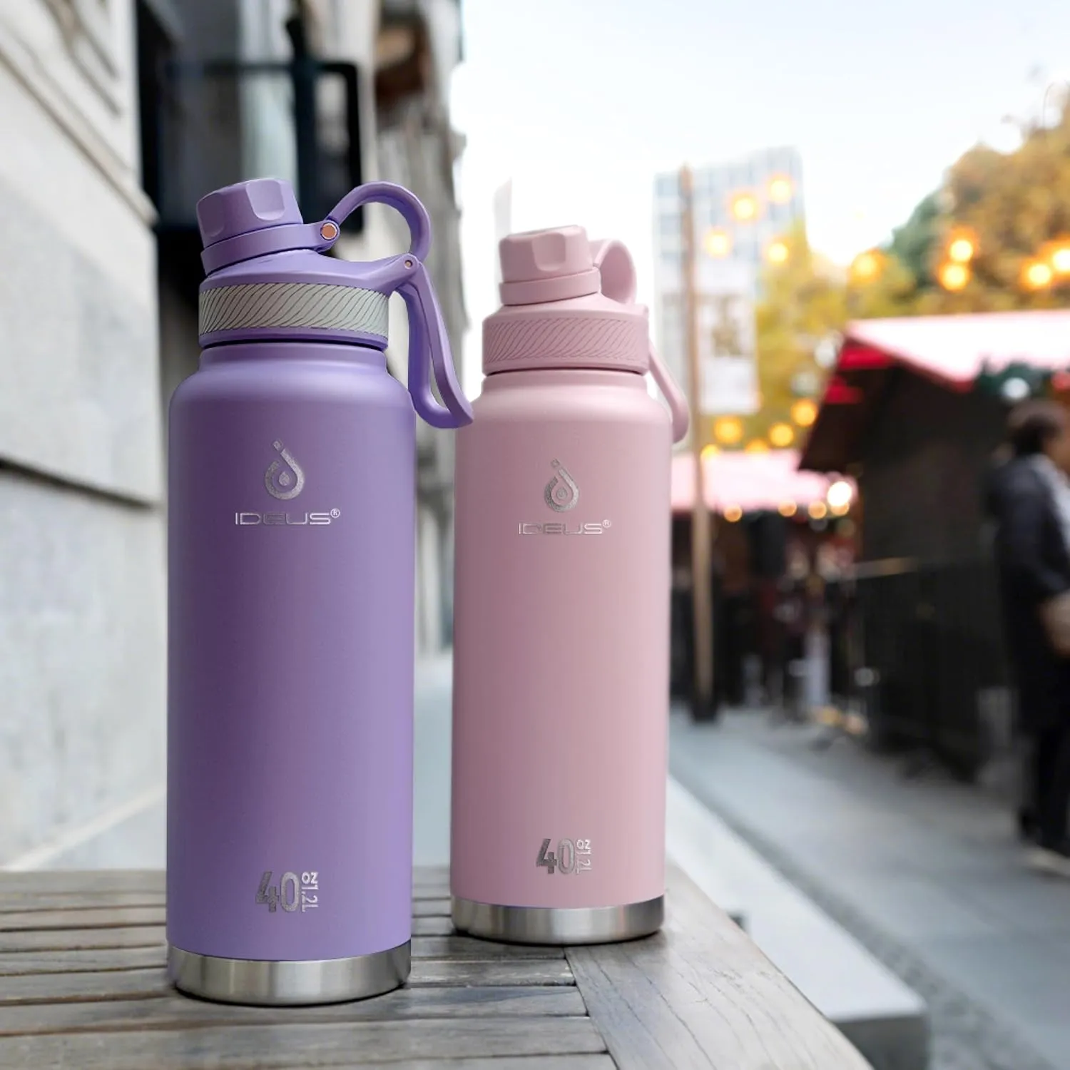IDEUS Insulated Stainless Steel Water Bottle with 2 Leak-Proof Lids, Thermal Water Flask for Hiking Biking, 40oz, Light Pink