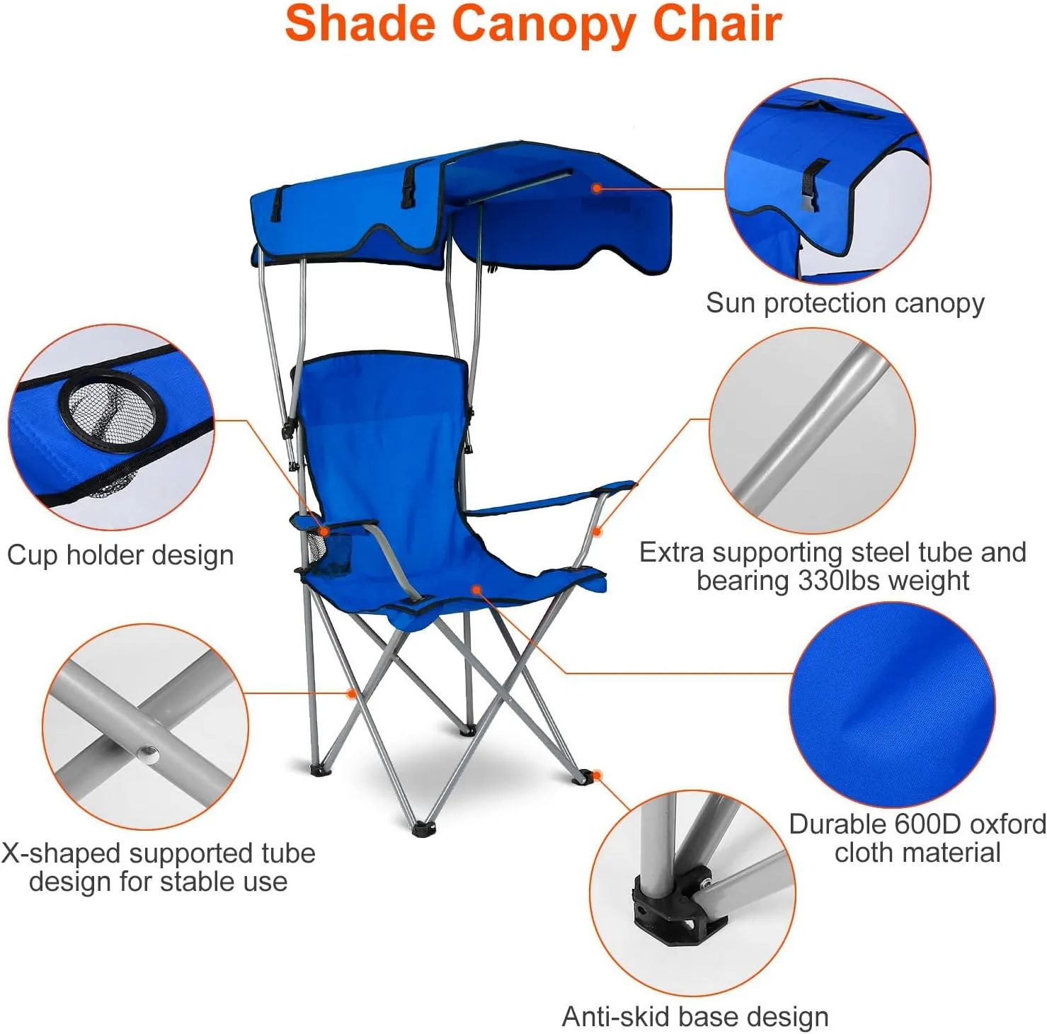 iMounTEK Camp Chair Foldable Canopy Camp Chair with Shade Sun Protection Camping Recliner with Carry Bag Support 330LBS Load Folding Seat with Cup Holder for Fishing/Beach/Travel/Picnic(Blue)