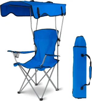 iMounTEK Camp Chair Foldable Canopy Camp Chair with Shade Sun Protection Camping Recliner with Carry Bag Support 330LBS Load Folding Seat with Cup Holder for Fishing/Beach/Travel/Picnic(Blue)