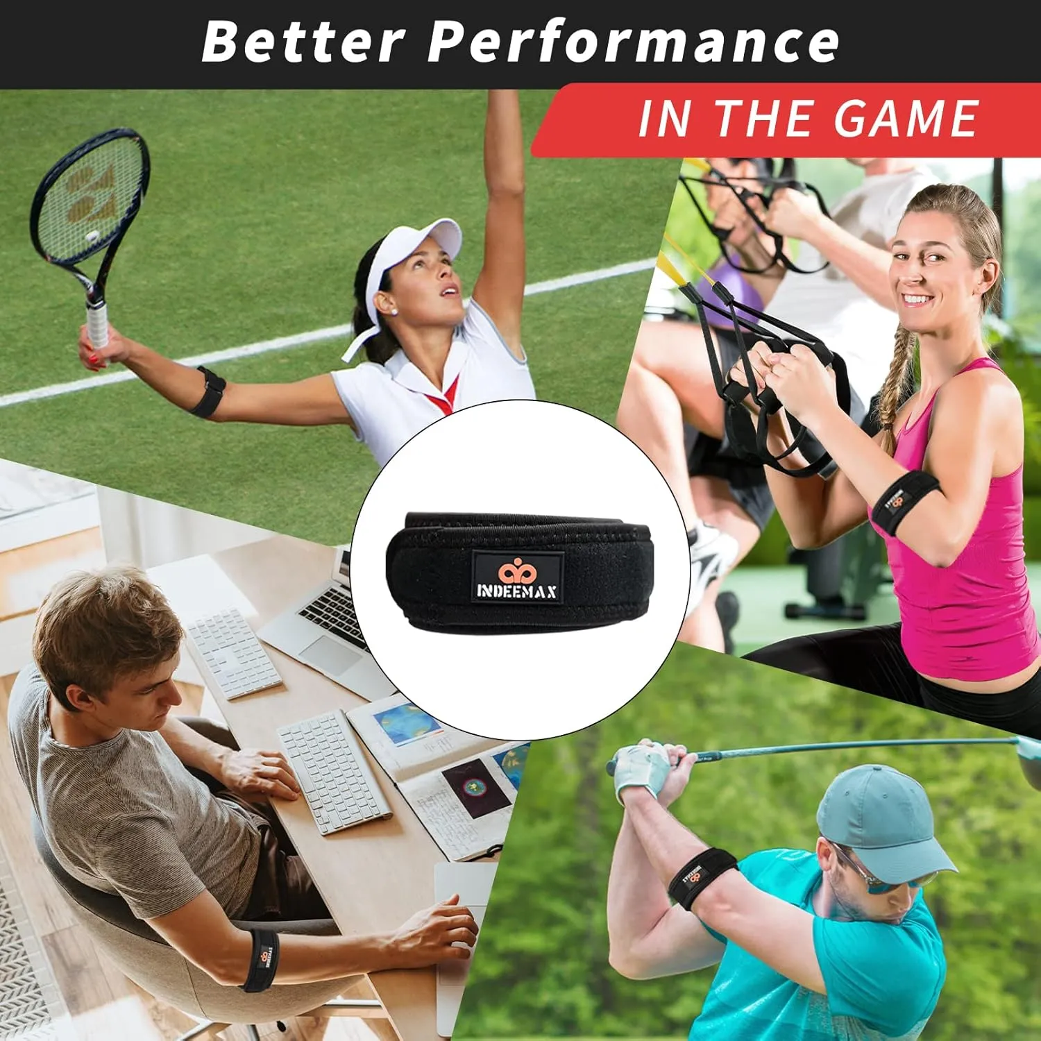 INDEEMAX Elbow Brace for Tendonitis and Tennis Elbow for Women Men, Adjustable Golfers Elbow Brace Counterforce Band with Compression Pad, Effective Tendon Pain Relief, Black