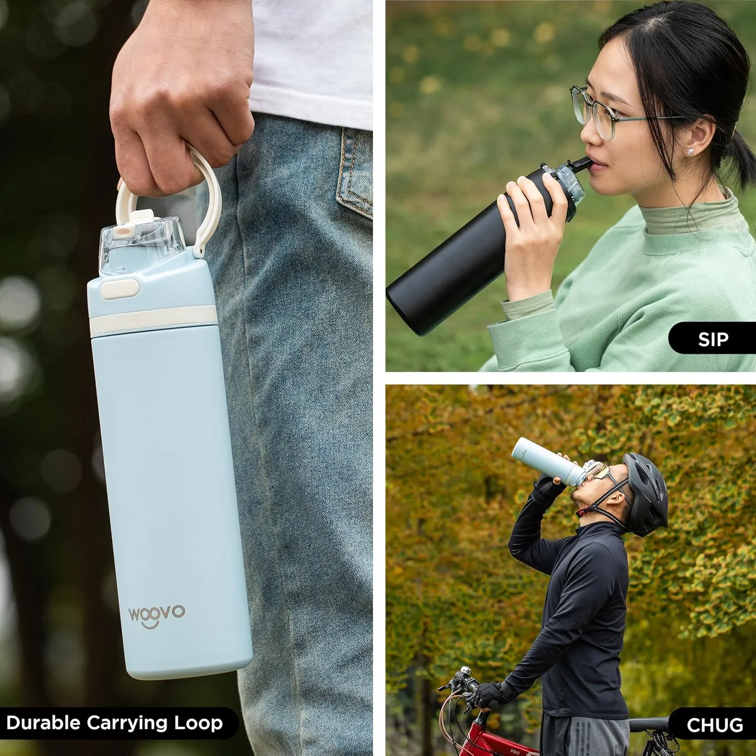 Insulated Water Bottle 24 oz Flip Top, Leak Proof Water Bottle with Straw Lid and Carrying Loop, Reusable Dishwasher Safe Water Bottle Stainless Steel for Travel Sports Gym, Light Blue
