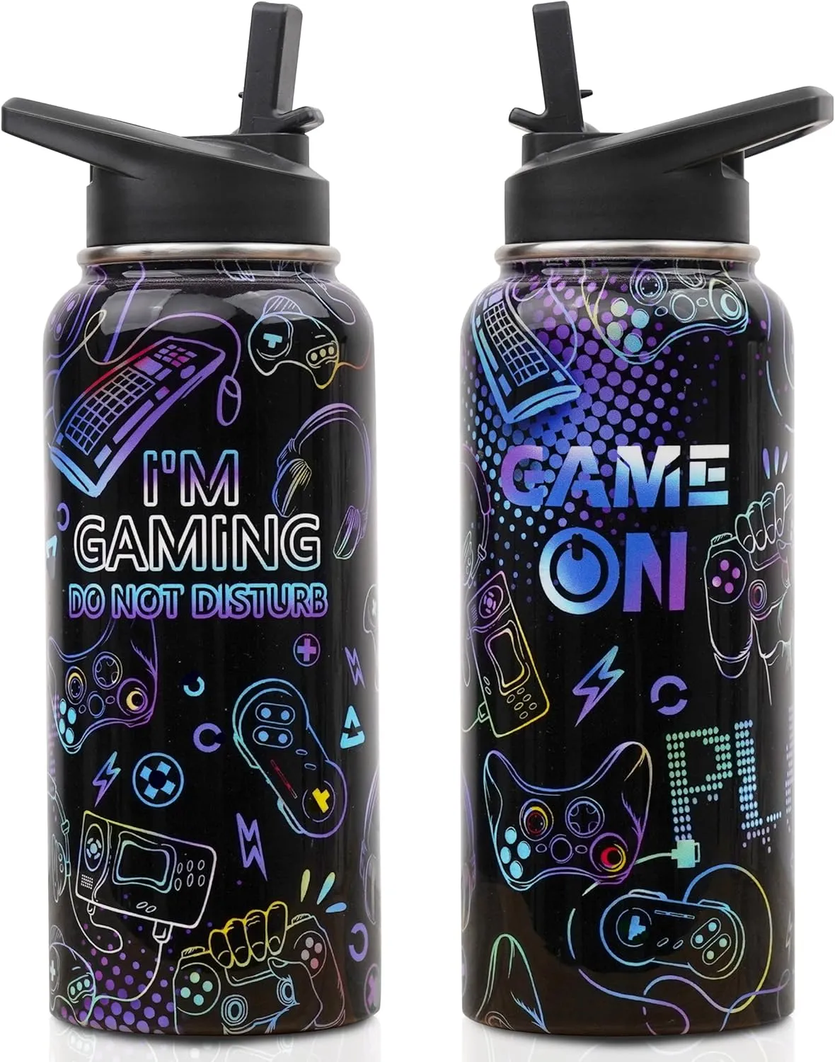 Insulated Water Bottle 32 oz, Gamer Water Bottle with Straw and Lid, Reusable Leakproof Water Bottle Stainless Steel, Gamer Gifts for Men