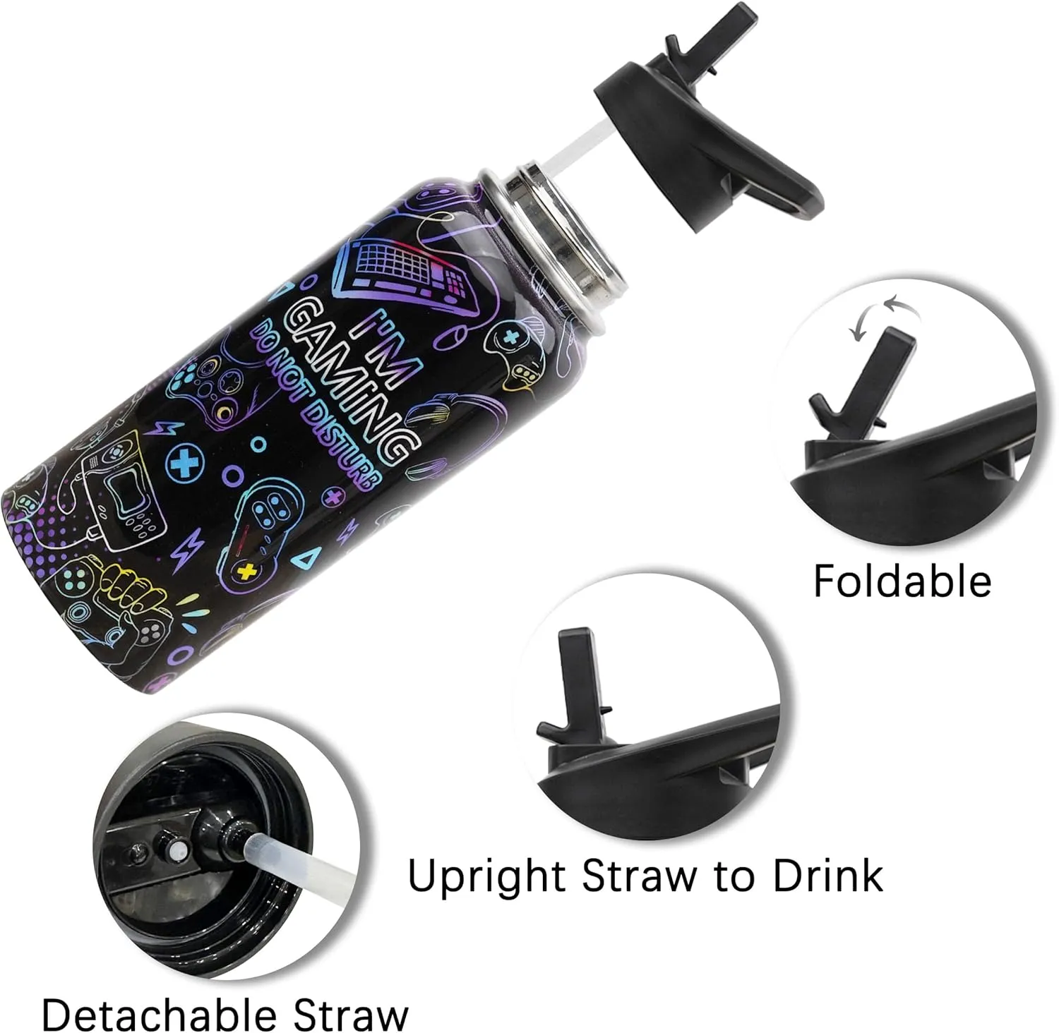 Insulated Water Bottle 32 oz, Gamer Water Bottle with Straw and Lid, Reusable Leakproof Water Bottle Stainless Steel, Gamer Gifts for Men