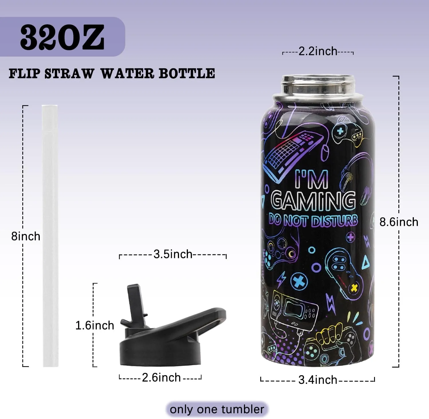 Insulated Water Bottle 32 oz, Gamer Water Bottle with Straw and Lid, Reusable Leakproof Water Bottle Stainless Steel, Gamer Gifts for Men
