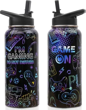 Insulated Water Bottle 32 oz, Gamer Water Bottle with Straw and Lid, Reusable Leakproof Water Bottle Stainless Steel, Gamer Gifts for Men