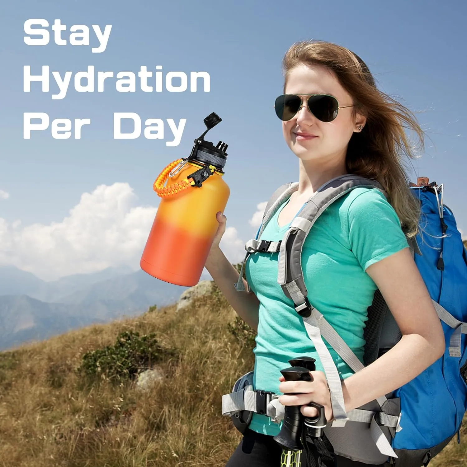Insulated Water Bottle 64 oz, Half Gallon Water Jug Cold 48H, BPA Free Stainless Steel Bottles with Straw/Chug 2-in-1 Lid, Bag, Paracord Handle, Silicone Boot, Sports Gym School Metal Flask