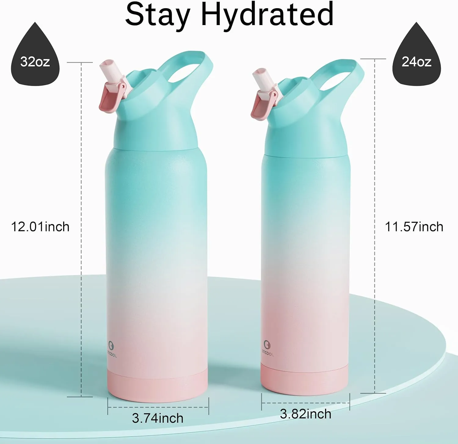 Insulated Water Bottle with Straw - Encool Stainless Steel Water Bottle, Reusable Leakproof and BPA-Free for Sports, Travel, Cold for 24 Hours, 24 oz, Cherry Blossom