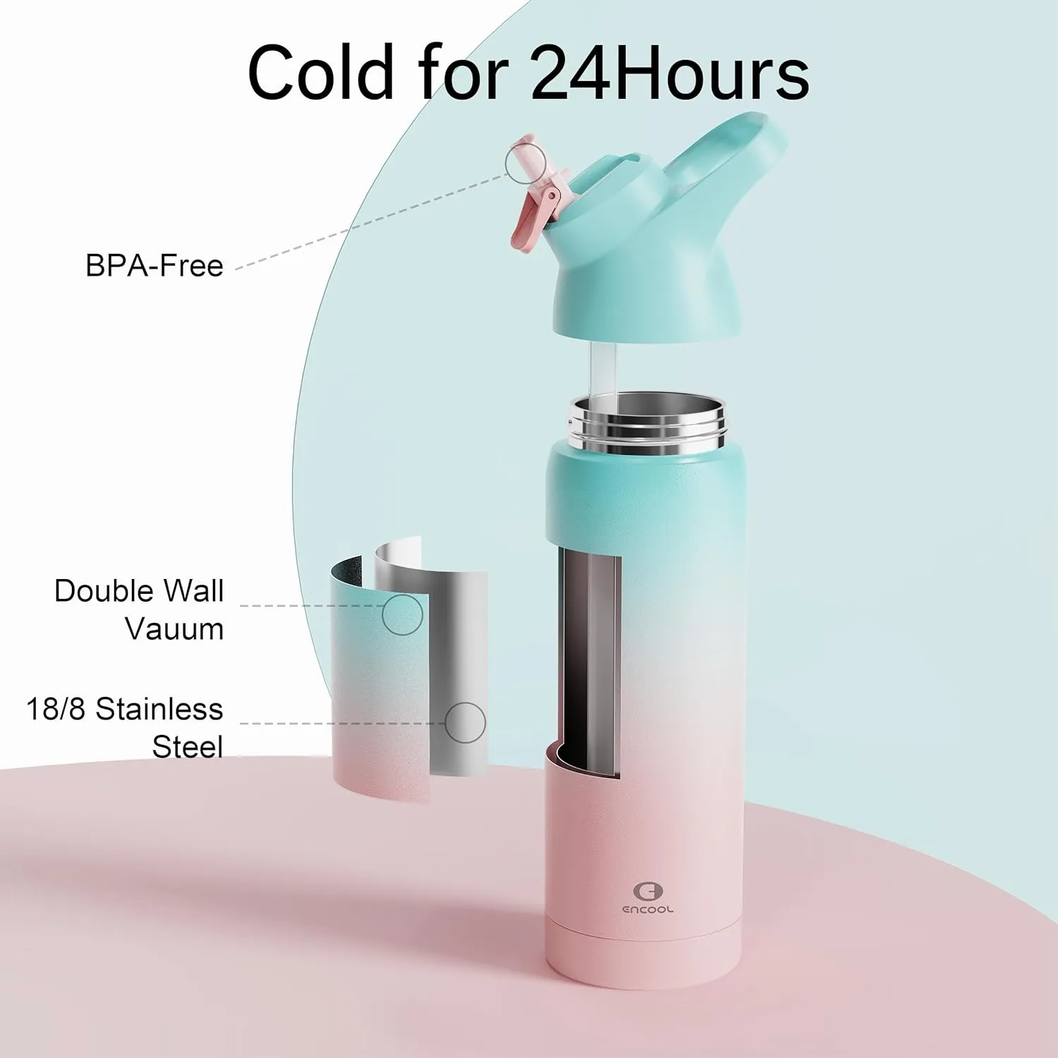 Insulated Water Bottle with Straw - Encool Stainless Steel Water Bottle, Reusable Leakproof and BPA-Free for Sports, Travel, Cold for 24 Hours, 24 oz, Cherry Blossom