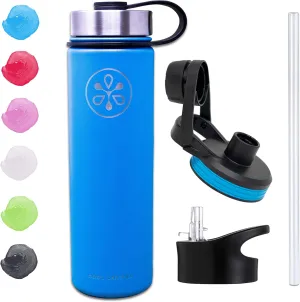 Insulated Water Bottle w/Straw Lid (22oz, 32oz, 40oz) - Stainless Steel Sports Flask - Wide Mouth Double Walled - Three Lids - Multiple Color Options
