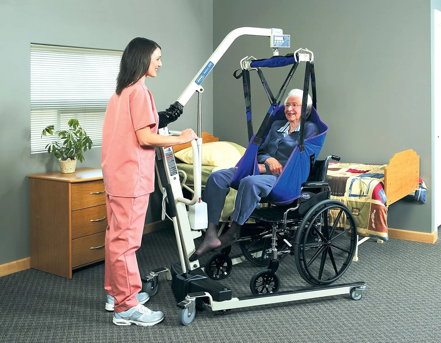 Invacare Reliant Divided Leg Sling with Head Support for Patient Lifts, Polyester, Petite, 450 lb. Weight Capacity, R100P,Binding; Navy, Body; Blue