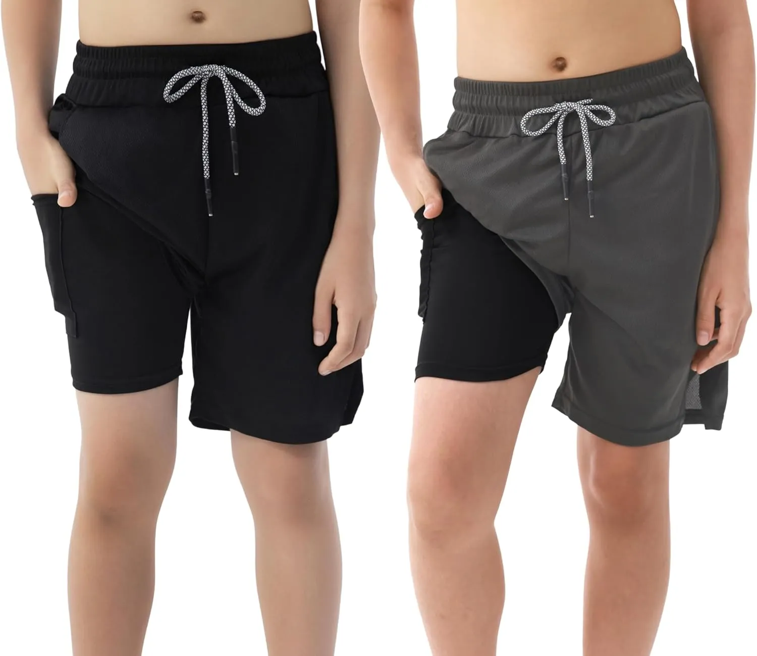 IRELIA 2 Pack Boys 2 in 1 Running Shorts Kids Box Brief Liner Compression Active Sports Shorts
