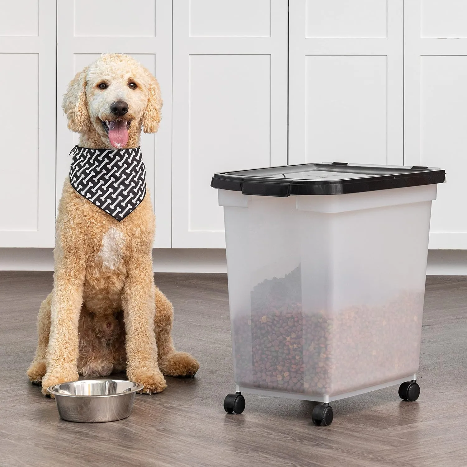 IRIS USA Airtight Dog Food Storage Container, WeatherPro, Up to 50 lbs, Removable Wheels, for Dog Cat Bird and Other Pet Food Storage Bin, Keep Fresh, Translucent Body, Made in USA, Clear/Black