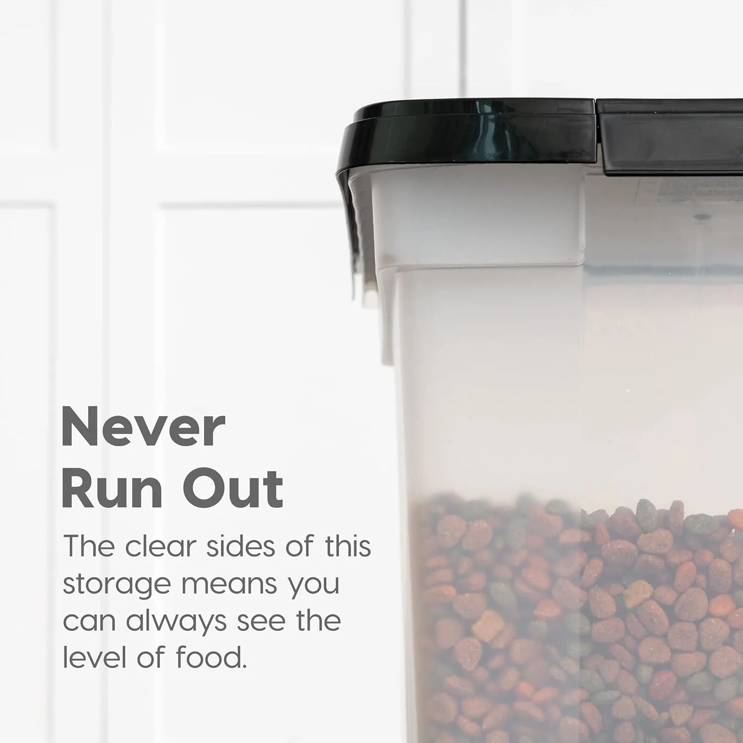 IRIS USA Airtight Dog Food Storage Container, WeatherPro, Up to 50 lbs, Removable Wheels, for Dog Cat Bird and Other Pet Food Storage Bin, Keep Fresh, Translucent Body, Made in USA, Clear/Black