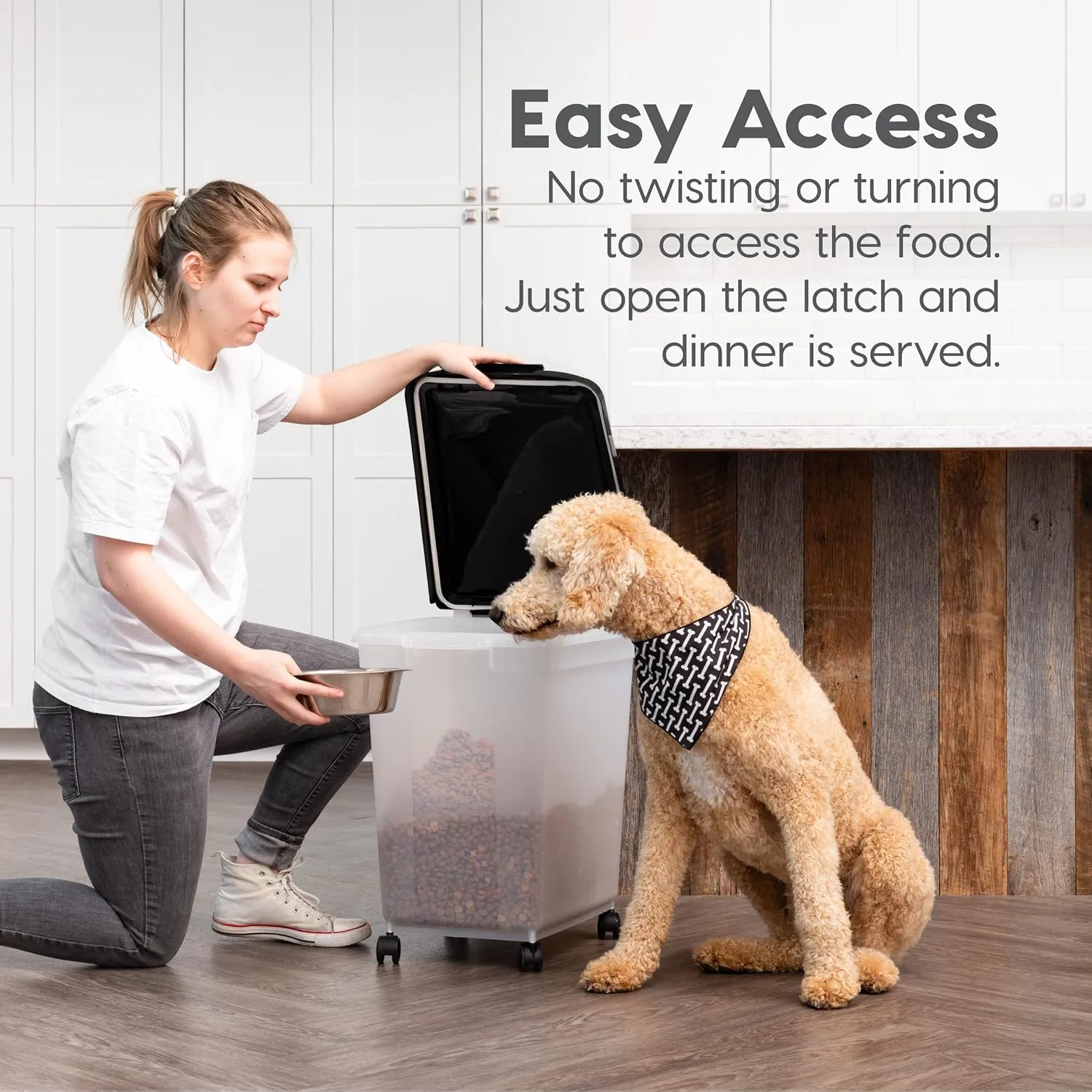 IRIS USA Airtight Dog Food Storage Container, WeatherPro, Up to 50 lbs, Removable Wheels, for Dog Cat Bird and Other Pet Food Storage Bin, Keep Fresh, Translucent Body, Made in USA, Clear/Black