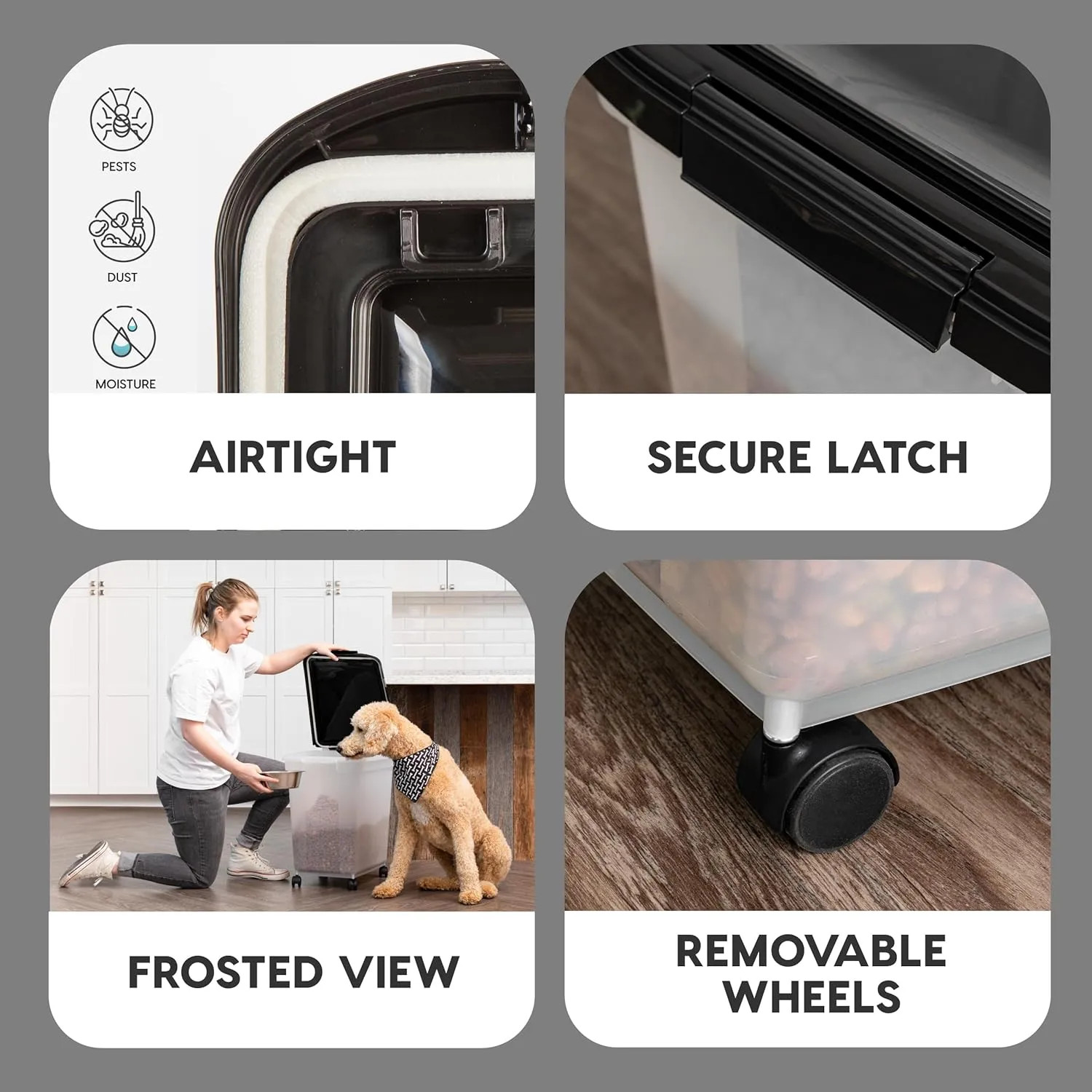 IRIS USA Airtight Dog Food Storage Container, WeatherPro, Up to 50 lbs, Removable Wheels, for Dog Cat Bird and Other Pet Food Storage Bin, Keep Fresh, Translucent Body, Made in USA, Clear/Black