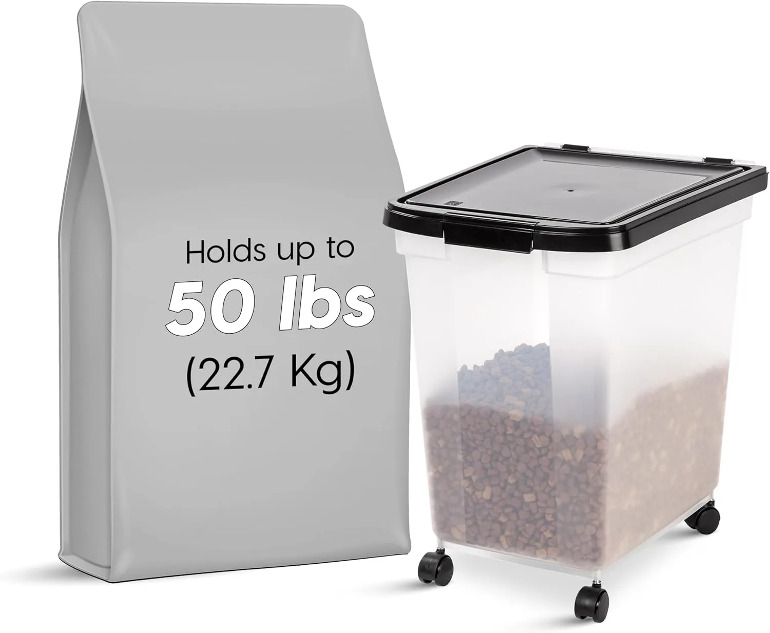 IRIS USA Airtight Dog Food Storage Container, WeatherPro, Up to 50 lbs, Removable Wheels, for Dog Cat Bird and Other Pet Food Storage Bin, Keep Fresh, Translucent Body, Made in USA, Clear/Black
