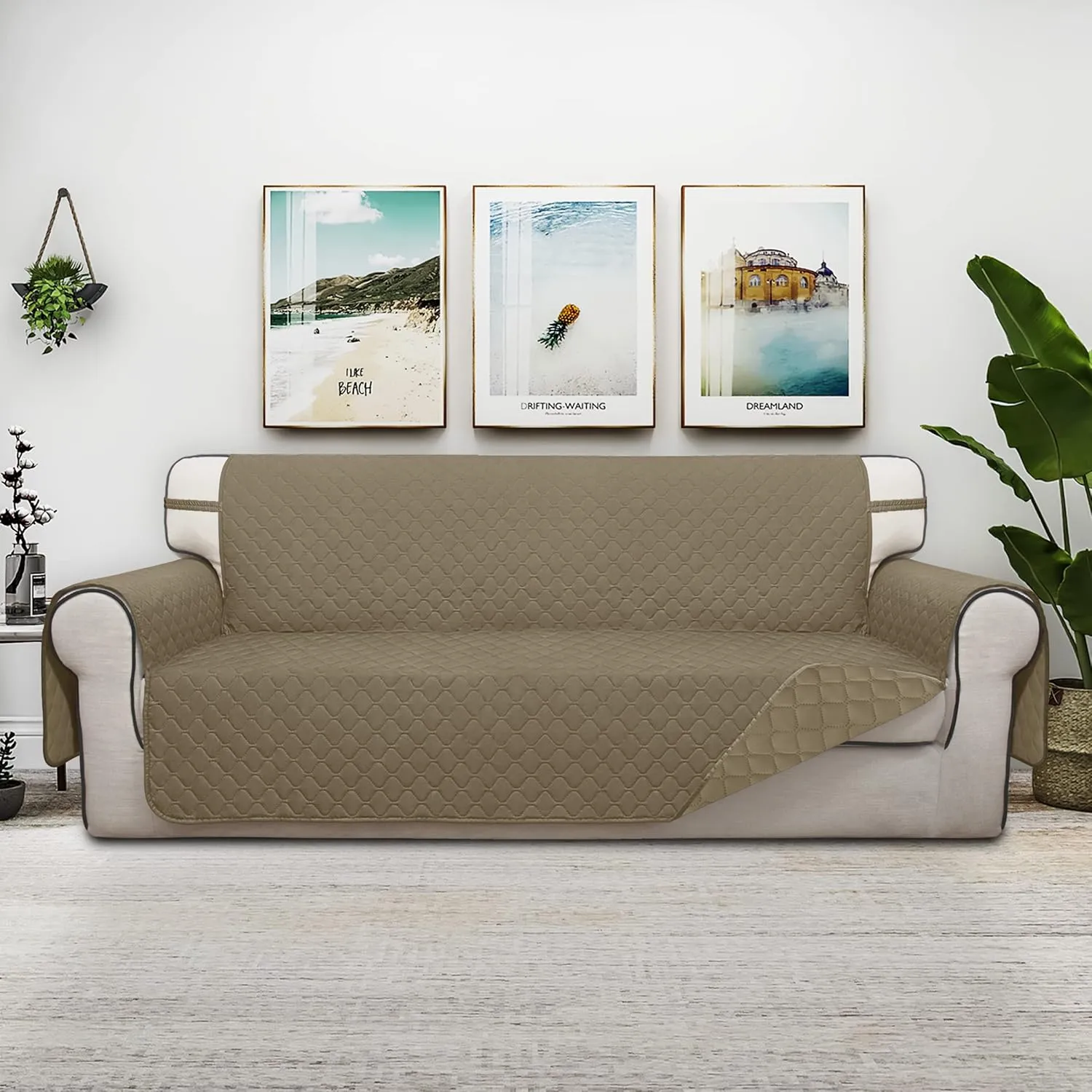 ISSUNTEX Double Protection 100% Waterproof Sofa Covers for Living Room, Couch Covers for 3 Cushion Couch Sofa, Reversible Furniture Protector Sofa Cover for Dogs, Pets, Kids (Sofa, Beige/Beige)