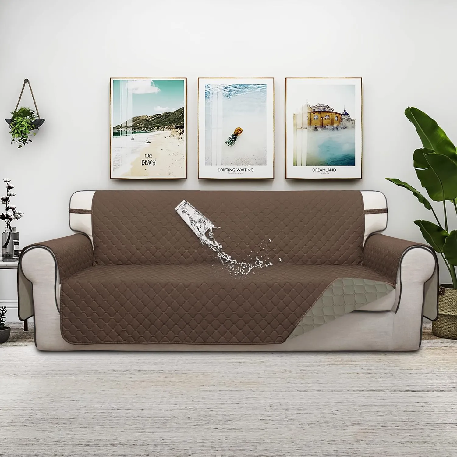 ISSUNTEX Double Protection 100% Waterproof Sofa Covers for Living Room, Couch Covers for 3 Cushion Couch Sofa, Reversible Furniture Protector Sofa Cover for Dogs, Pets, Kids (Sofa, Brown/Beige)