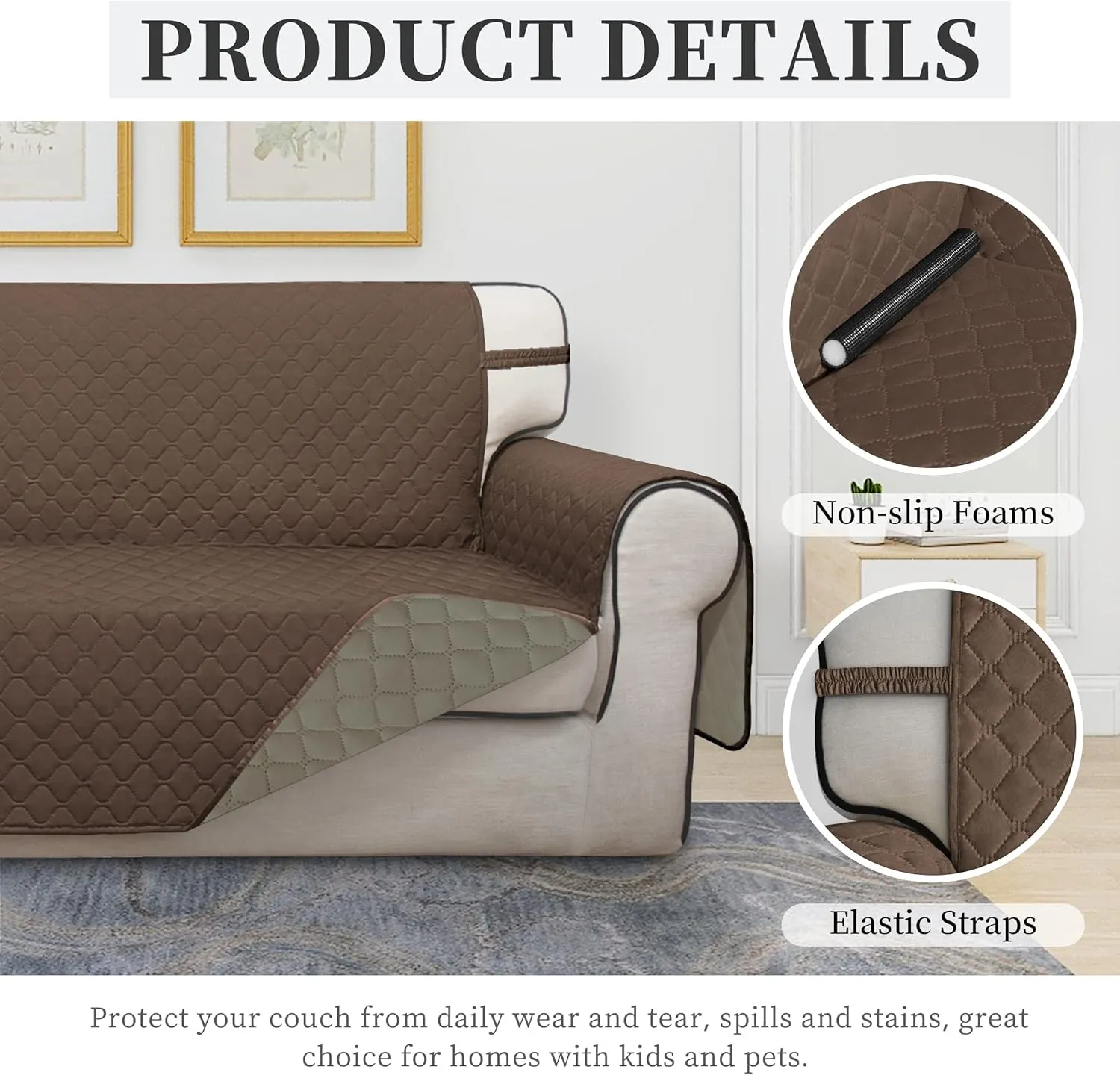 ISSUNTEX Double Protection 100% Waterproof Sofa Covers for Living Room, Couch Covers for 3 Cushion Couch Sofa, Reversible Furniture Protector Sofa Cover for Dogs, Pets, Kids (Sofa, Brown/Beige)
