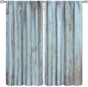 JESTRONRY Vintage Style Kitchen Curtains,Rustic Country Farmhouse Barn Door Grey Blue Wood Planks Texture Print Rod Pocket Window Drapes for Living Room Bedroom, W42xL45in