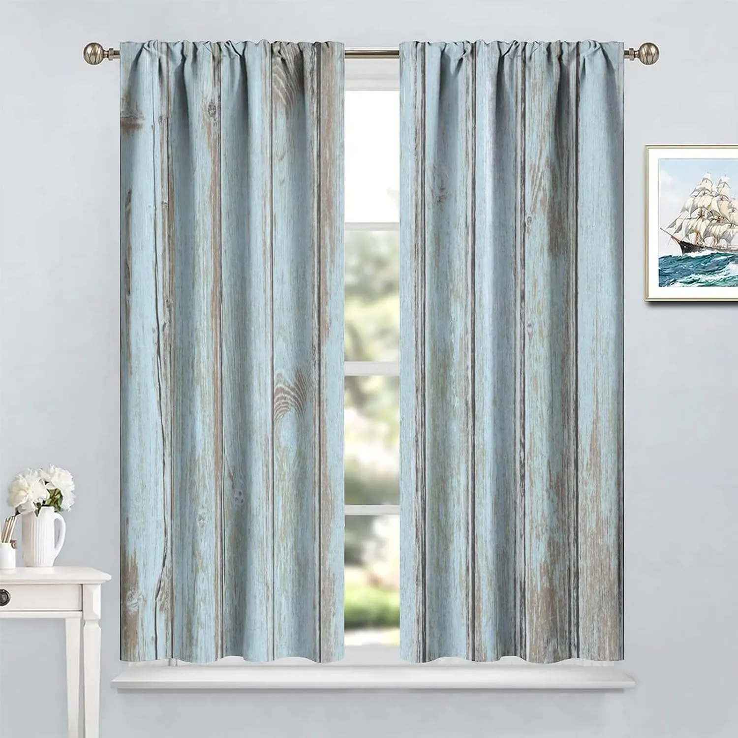 JESTRONRY Vintage Style Kitchen Curtains,Rustic Country Farmhouse Barn Door Grey Blue Wood Planks Texture Print Rod Pocket Window Drapes for Living Room Bedroom, W42xL45in