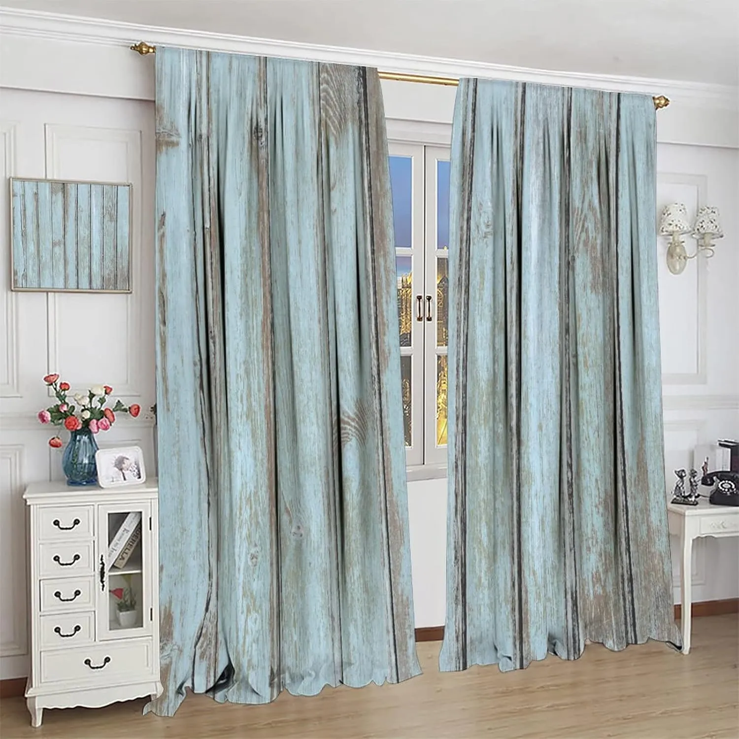JESTRONRY Vintage Style Kitchen Curtains,Rustic Country Farmhouse Barn Door Grey Blue Wood Planks Texture Print Rod Pocket Window Drapes for Living Room Bedroom, W42xL45in