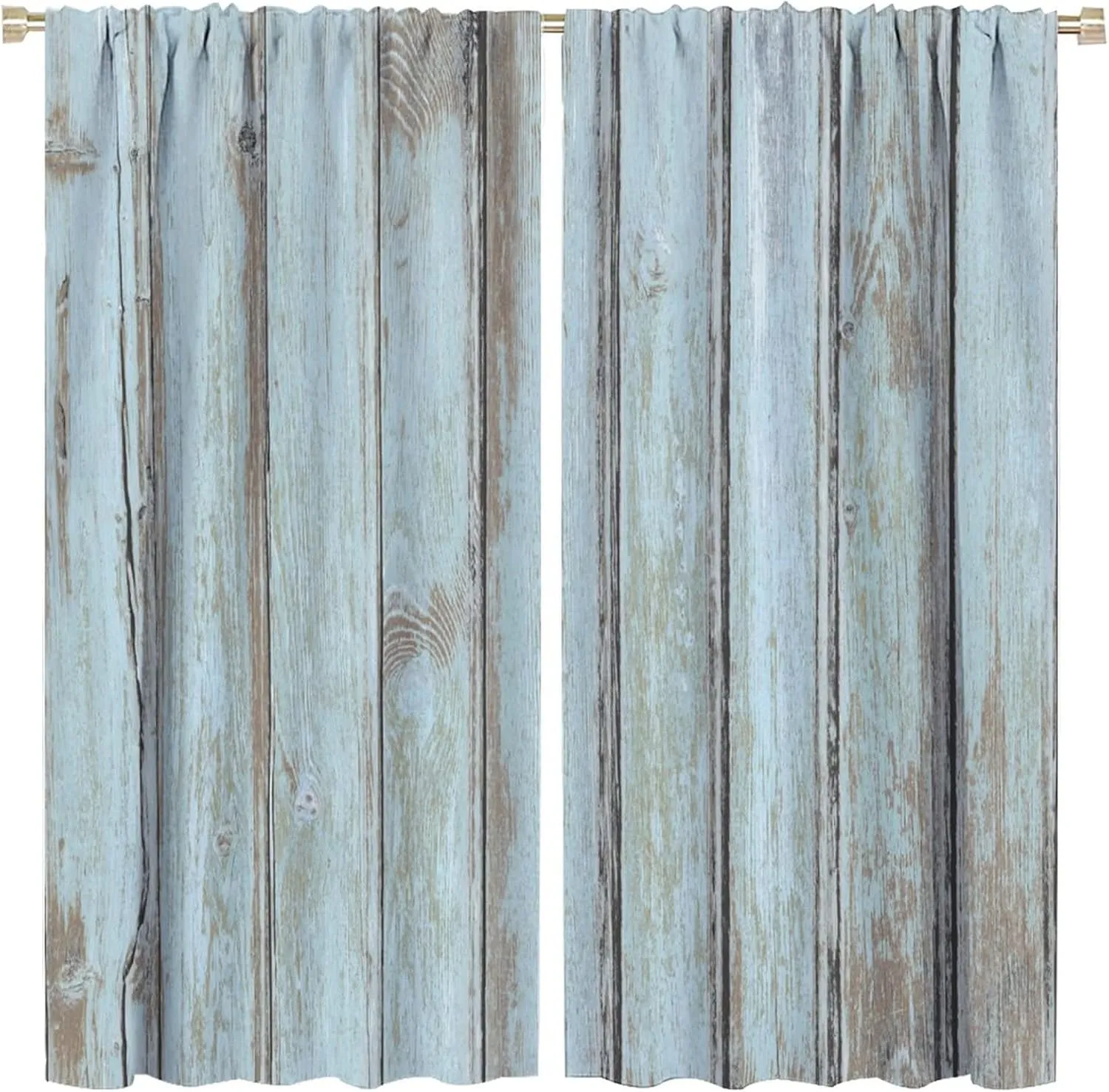 JESTRONRY Vintage Style Kitchen Curtains,Rustic Country Farmhouse Barn Door Grey Blue Wood Planks Texture Print Rod Pocket Window Drapes for Living Room Bedroom, W42xL45in