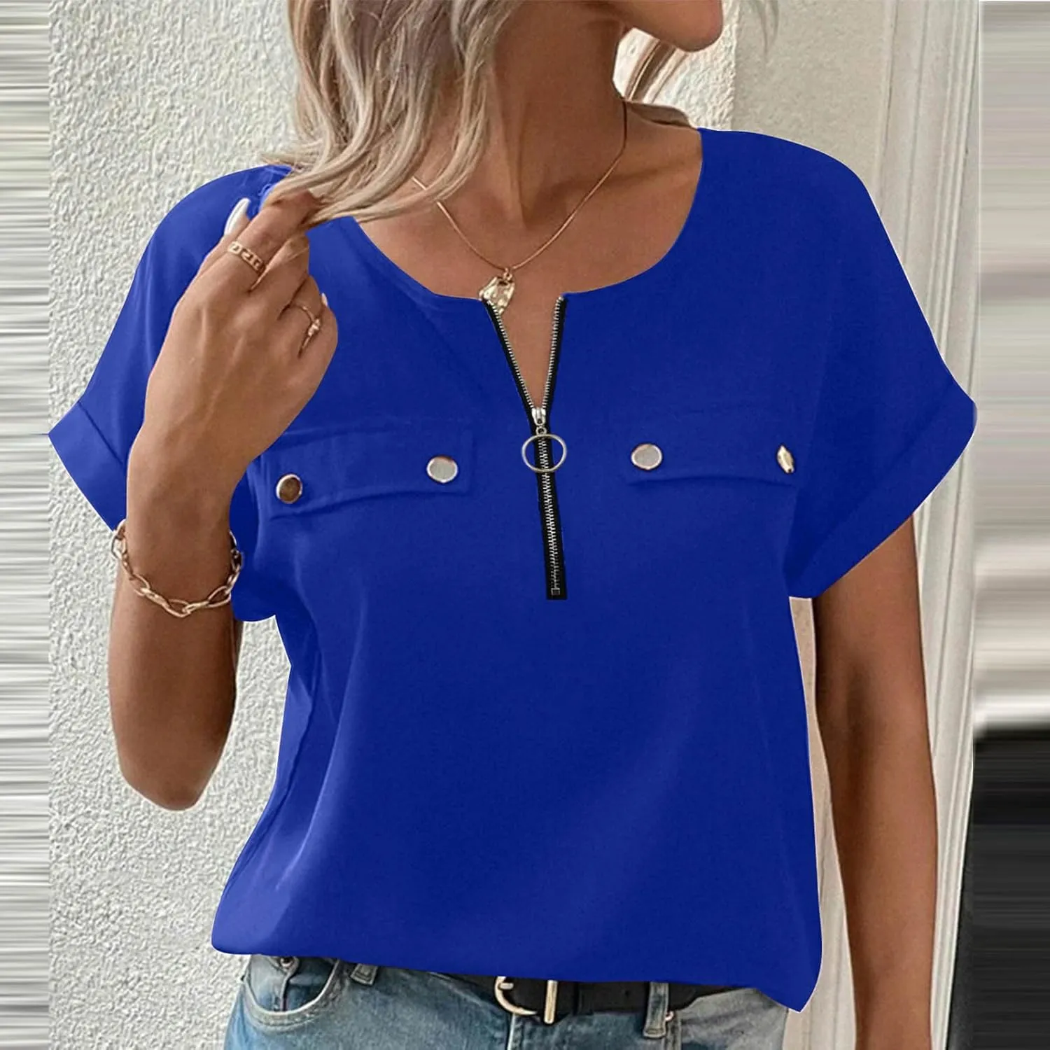JOAU Women's Zip Front Crew Neck Shirts Dressy Casual Loose Rolled Short Sleeve Blouse Lightweight Elegant Work Tunic Top