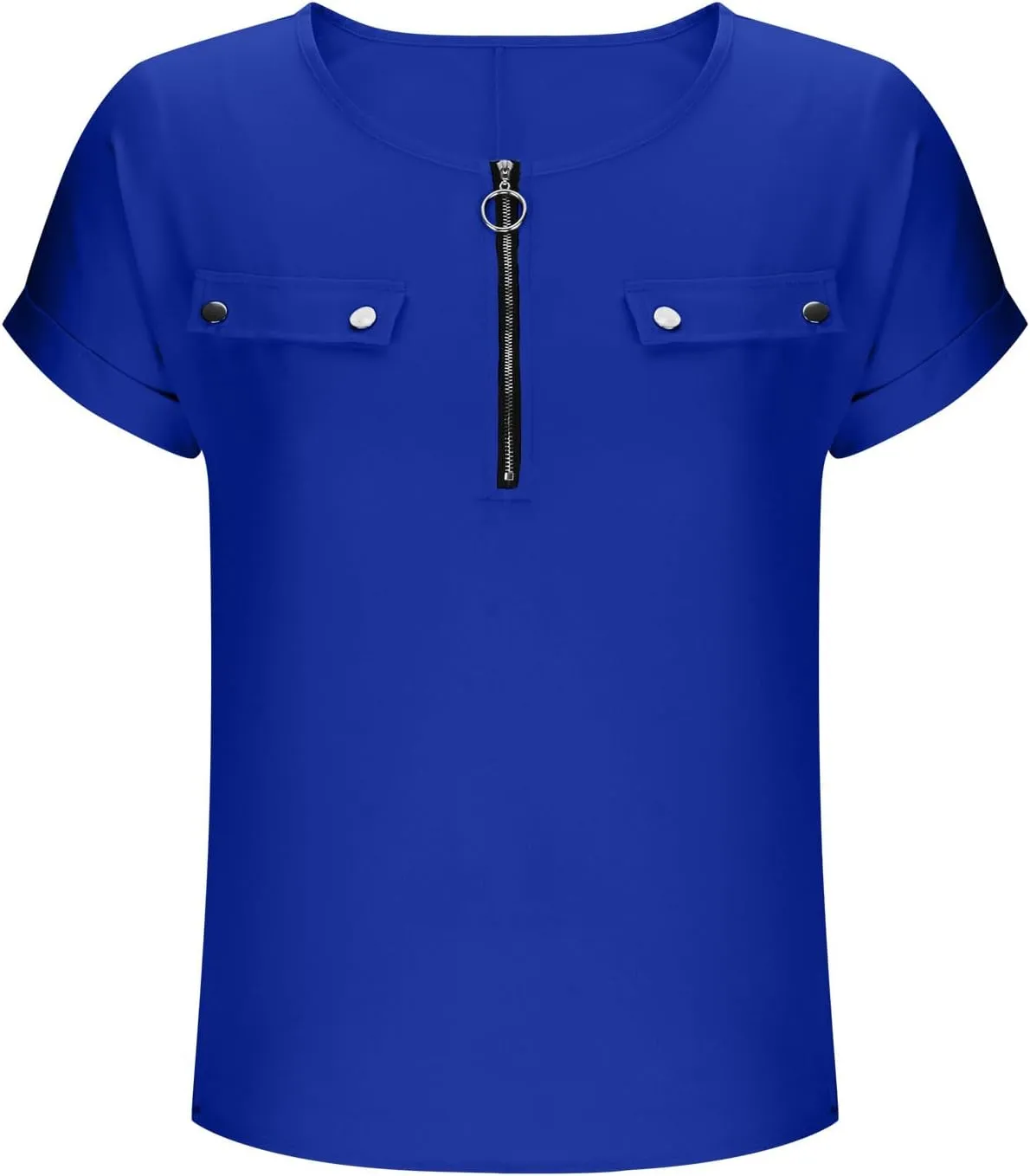 JOAU Women's Zip Front Crew Neck Shirts Dressy Casual Loose Rolled Short Sleeve Blouse Lightweight Elegant Work Tunic Top