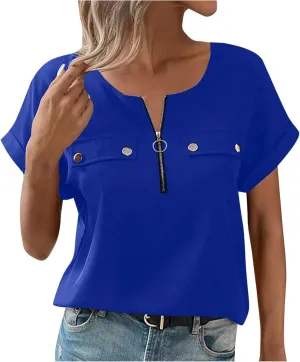 JOAU Women's Zip Front Crew Neck Shirts Dressy Casual Loose Rolled Short Sleeve Blouse Lightweight Elegant Work Tunic Top