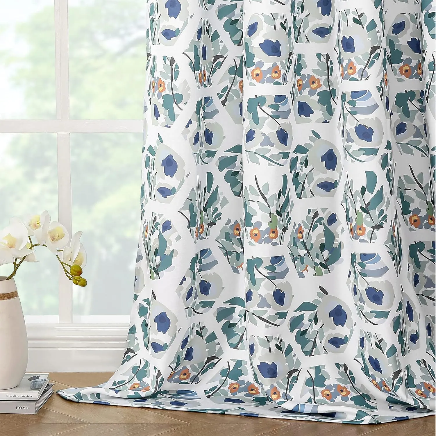 Joydeco Green Floral Curtains 84 Inches Long for Bedroom 2 Panels, Room Darkening Boho Curtains Patterned Panels for Living Room with Grommet, 80% Blackout Botanical Printed Drapes(Hexagon Green-84)