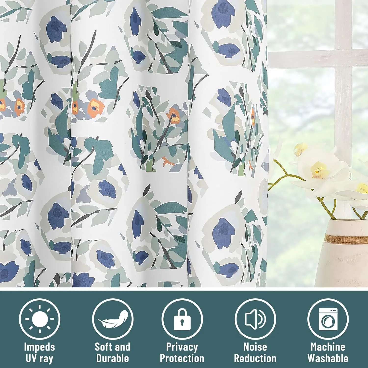 Joydeco Green Floral Curtains 84 Inches Long for Bedroom 2 Panels, Room Darkening Boho Curtains Patterned Panels for Living Room with Grommet, 80% Blackout Botanical Printed Drapes(Hexagon Green-84)