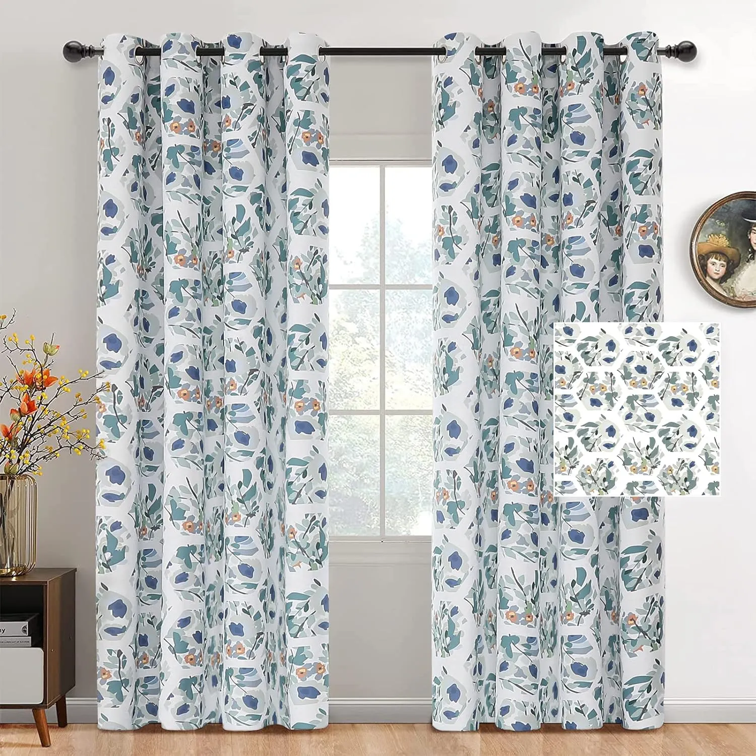 Joydeco Green Floral Curtains 84 Inches Long for Bedroom 2 Panels, Room Darkening Boho Curtains Patterned Panels for Living Room with Grommet, 80% Blackout Botanical Printed Drapes(Hexagon Green-84)