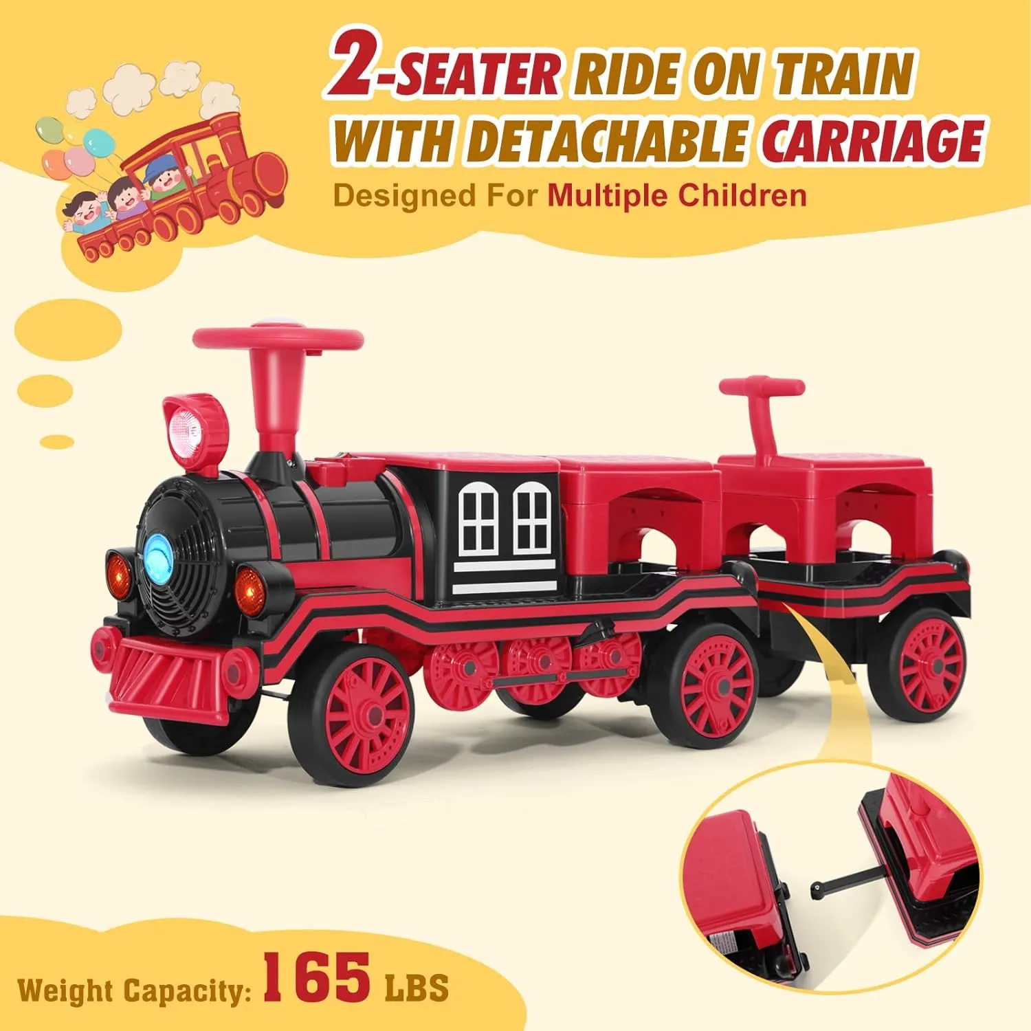 JOYLDIAS 2 Seater Ride On Train with Detachable Carriage, 12V Kids Ride On Toy with Music, Train Honk, Lights, High/Low Speed and Storage, Electric Car for Kids Aged 3 , Red