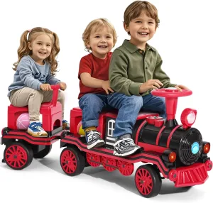 JOYLDIAS 2 Seater Ride On Train with Detachable Carriage, 12V Kids Ride On Toy with Music, Train Honk, Lights, High/Low Speed and Storage, Electric Car for Kids Aged 3 , Red