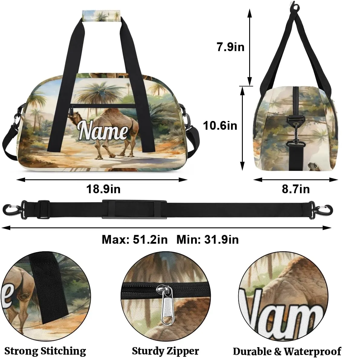 Jungle Camls Custom Name Sport Duffel Bag Dance Bag for Girls Teens Personalized Ballet Bag Gift for Birthday Christmas Helloween