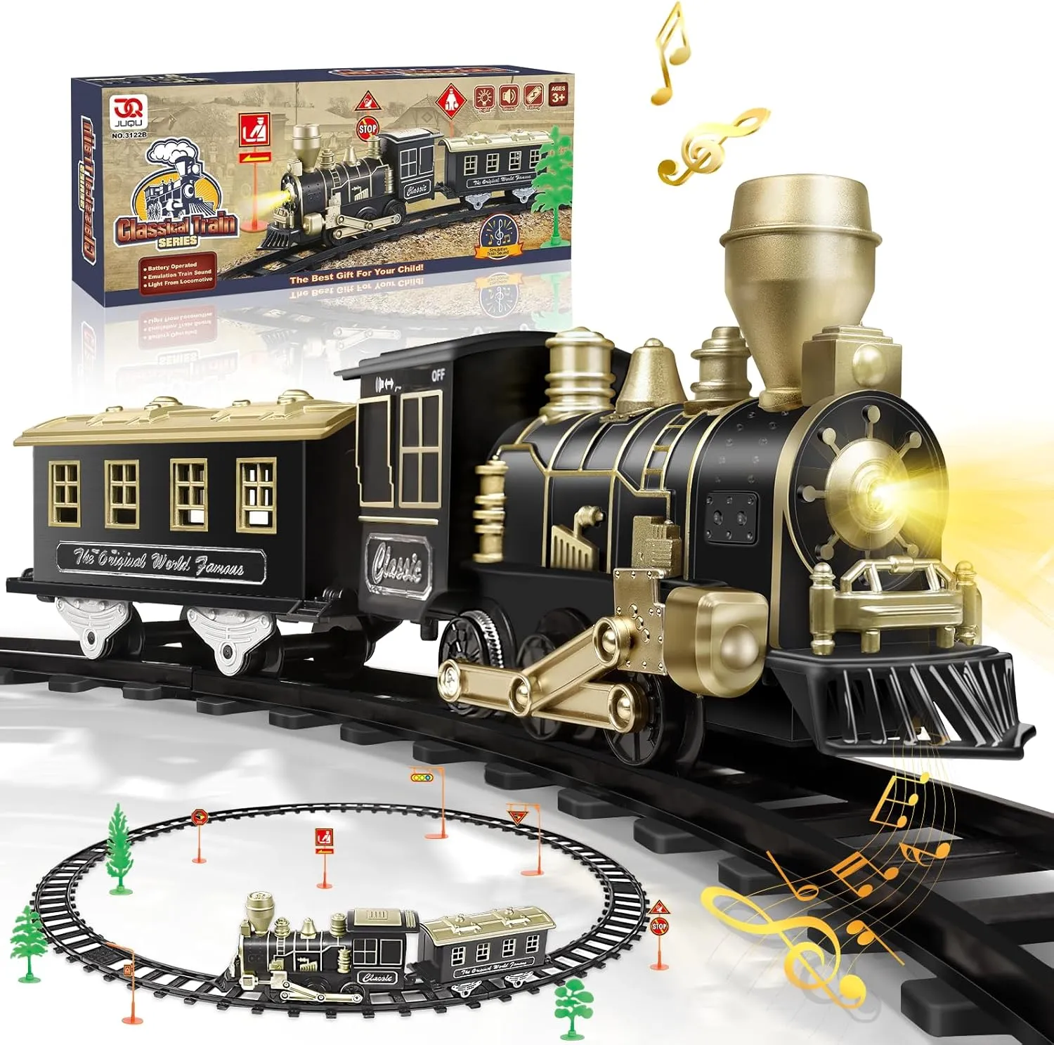 JUQU Train Set - Train Toys for Boys w/Lights & Sounds (ON/Off), Toddler Toy Train Sets w/Locomotive Engine, Cars& Tracks, Christmas Train Gift for 3 4 5 6 7 8  Year Old Kids Birthday Gifts