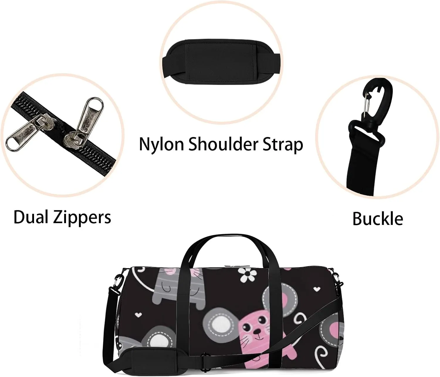 Kawaii Cartoon Animals Cute Mouse Sports Bag Tote Bag Waterproof Gym Bag with Shoulder Strap Zipper 2 Side Pockets for Men and Women, Travel and Storage Shoulder Bag.