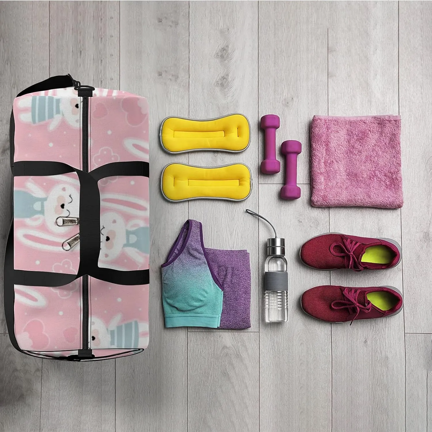 Kawaii Cartoon Animals Cute Rabbits and Heart Sports Bag Tote Bag Waterproof Gym Bag with Shoulder Strap Zipper 2 Side Pockets for Men and Women, Travel and Storage Shoulder Bag.