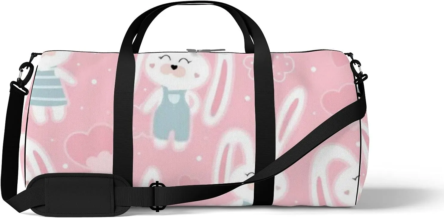Kawaii Cartoon Animals Cute Rabbits and Heart Sports Bag Tote Bag Waterproof Gym Bag with Shoulder Strap Zipper 2 Side Pockets for Men and Women, Travel and Storage Shoulder Bag.