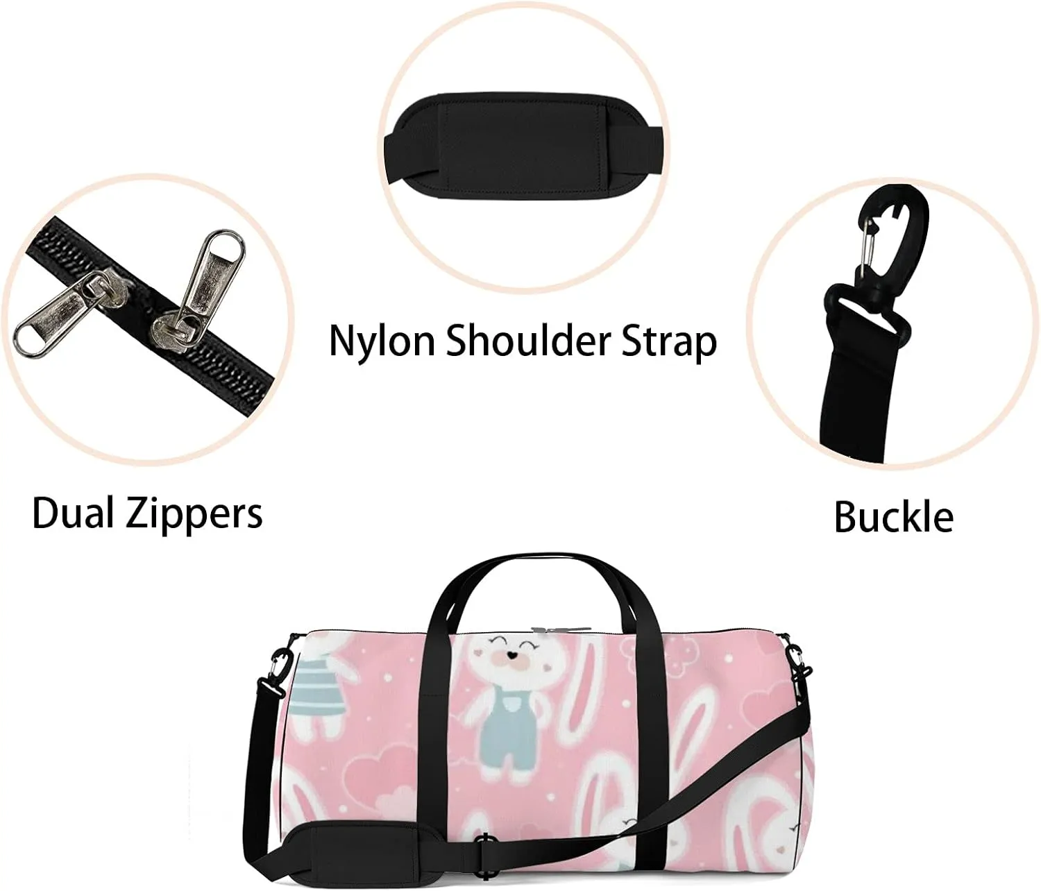 Kawaii Cartoon Animals Cute Rabbits and Heart Sports Bag Tote Bag Waterproof Gym Bag with Shoulder Strap Zipper 2 Side Pockets for Men and Women, Travel and Storage Shoulder Bag.