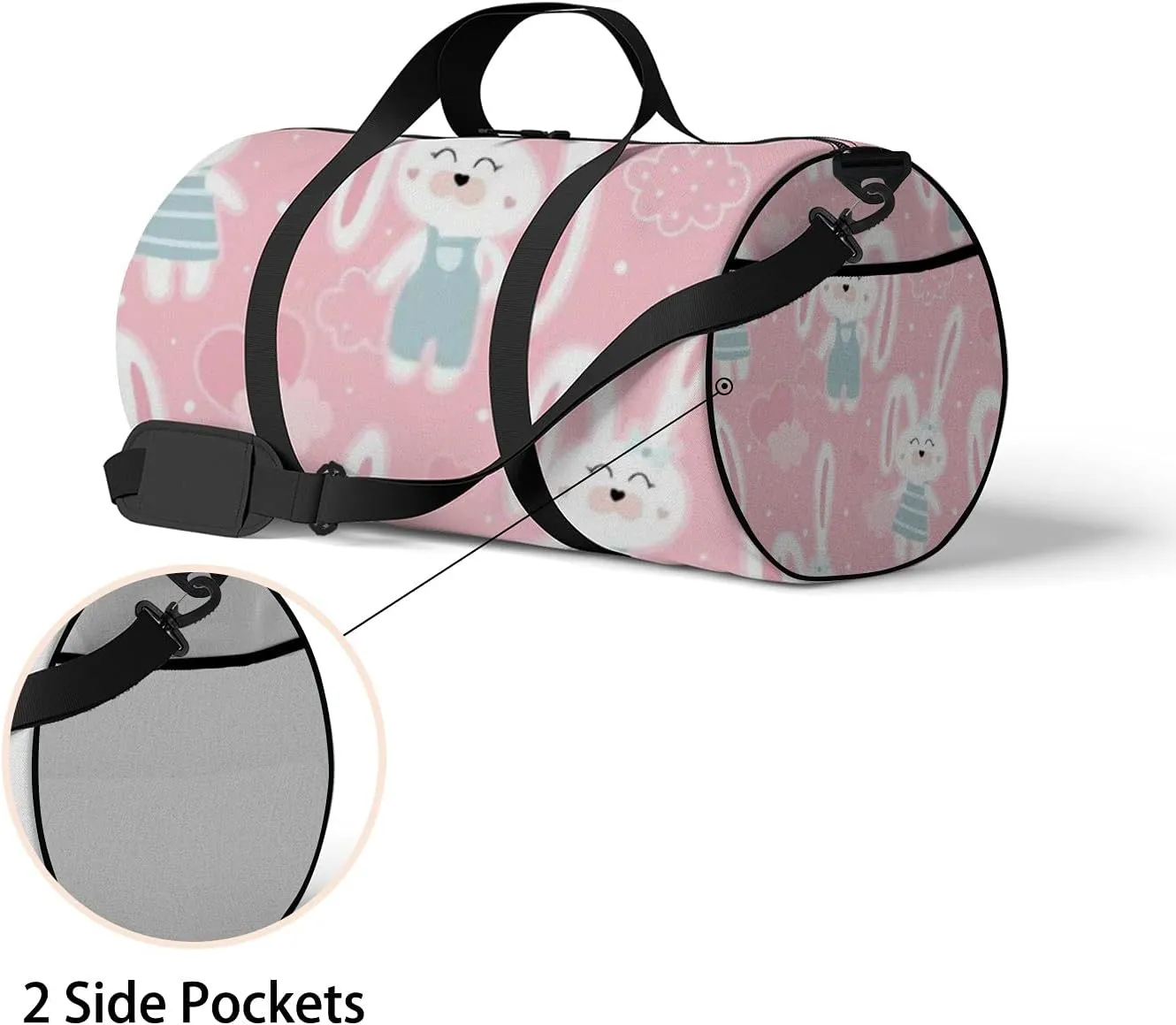 Kawaii Cartoon Animals Cute Rabbits and Heart Sports Bag Tote Bag Waterproof Gym Bag with Shoulder Strap Zipper 2 Side Pockets for Men and Women, Travel and Storage Shoulder Bag.