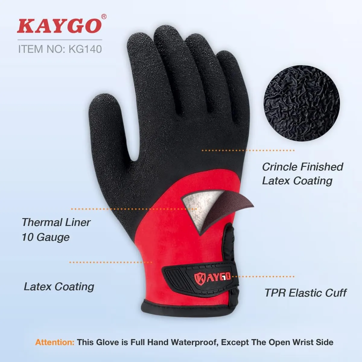 KAYGO Winter Waterproof Thermal Work Gloves for Men and Women, Full Hand Latex Coated, Acrylic Insulated Liner for Freezer Cold Weather, Fine Crinkle Grip,KG140W,Red, L