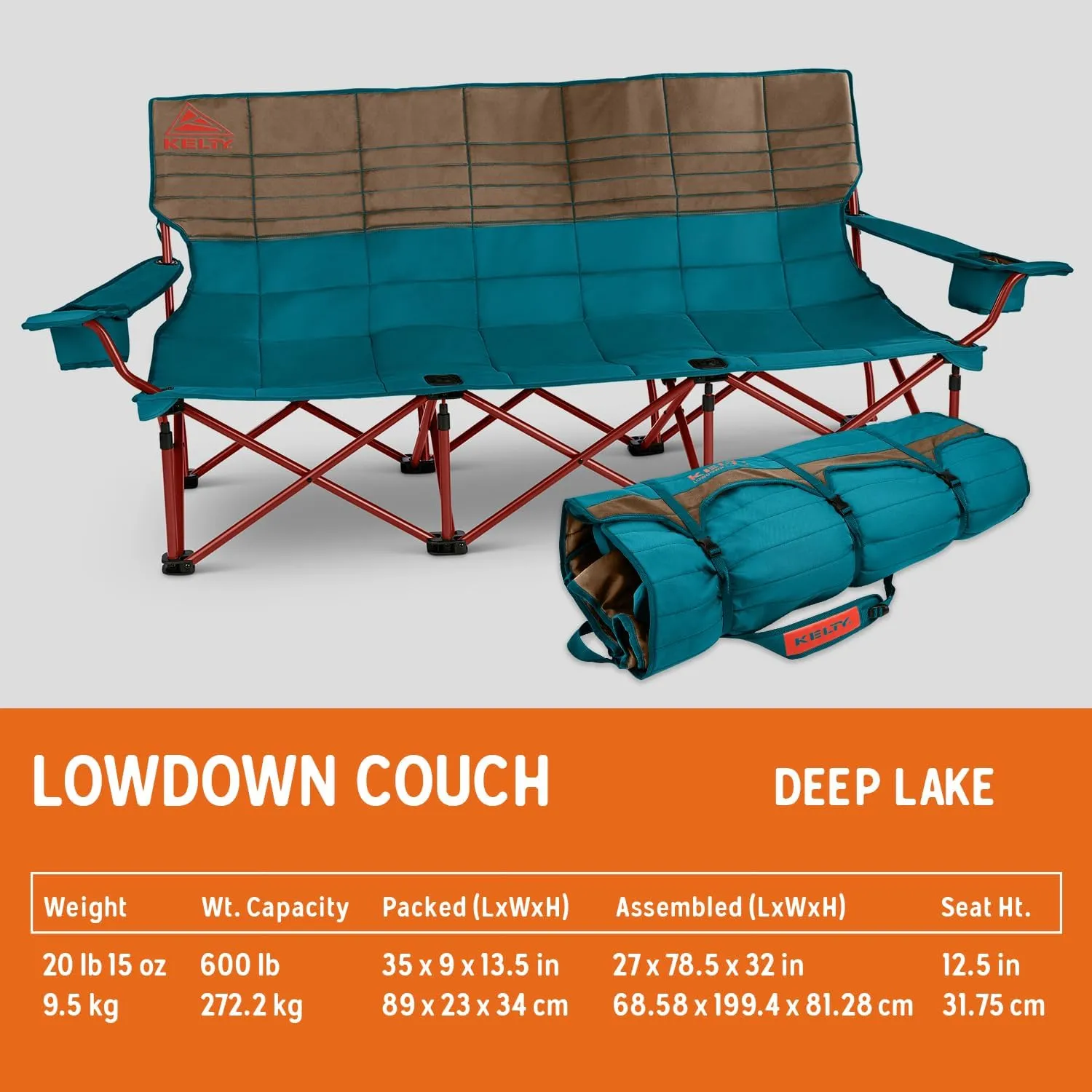 Kelty Lowdown Couch - 3 Person Capacity Camping Chair, Extra Large and Sturdy Bench for Campsites, Soccer Games, and Backyard Parties, with Cup Holders|Arm Rest, Polyester, Deep Lake/Fallen Rock