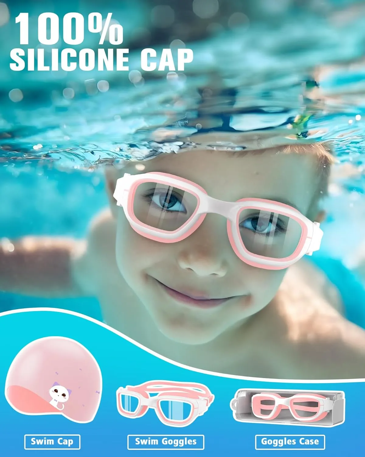 Kids Swim Goggles with Silicone Swim Cap, Swimming Goggles Cap Set for Kids 6-14, Anti-Fog Anti-UV for Boys Girls