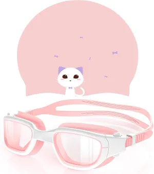 Kids Swim Goggles with Silicone Swim Cap, Swimming Goggles Cap Set for Kids 6-14, Anti-Fog Anti-UV for Boys Girls