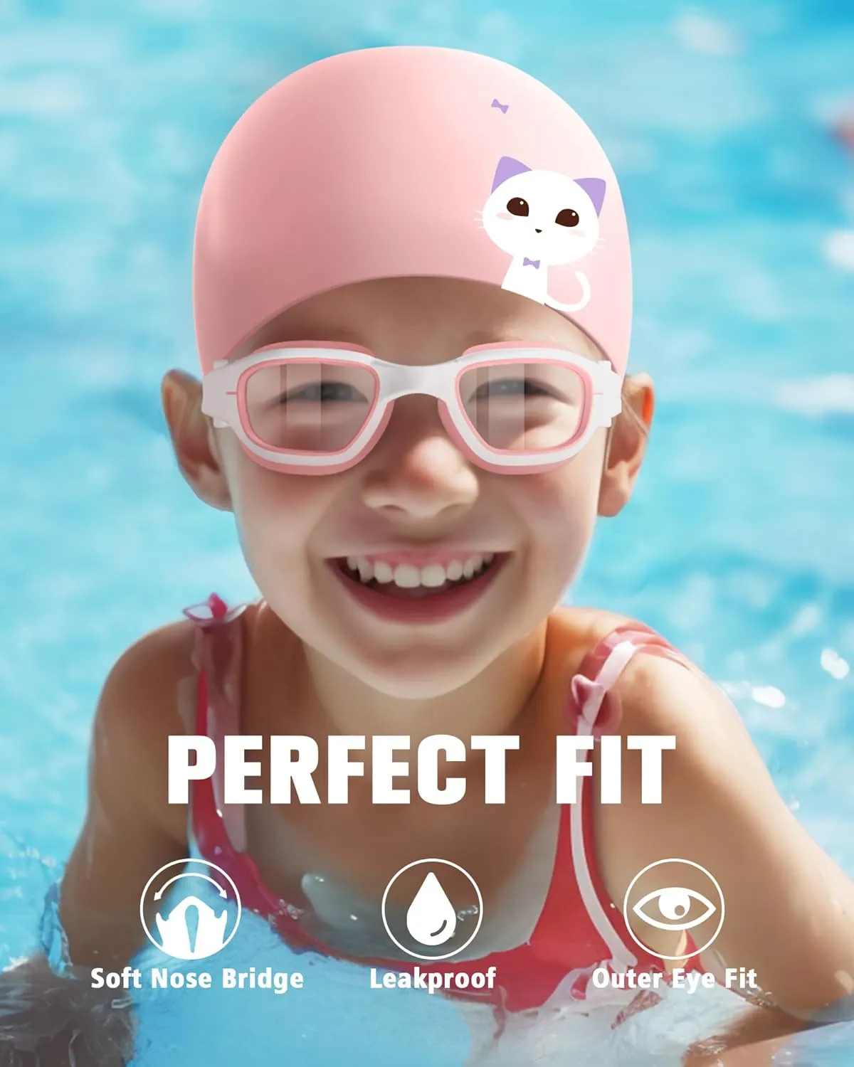 Kids Swim Goggles with Silicone Swim Cap, Swimming Goggles Cap Set for Kids 6-14, Anti-Fog Anti-UV for Boys Girls