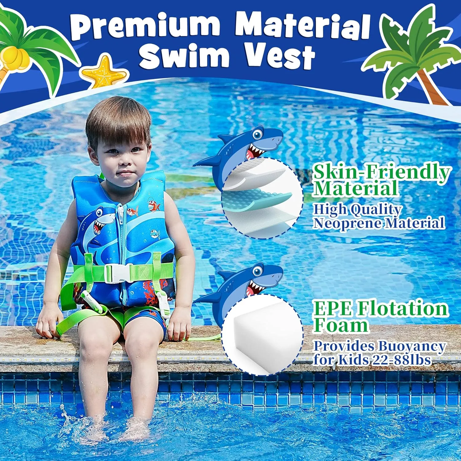 Kids Swim Vest, Toddler Floaties with Adjustable Safety Strap Swimming Aids Child Float Swimsuit for Boys and Girls Age 2-10 Years Old/22-88lbs