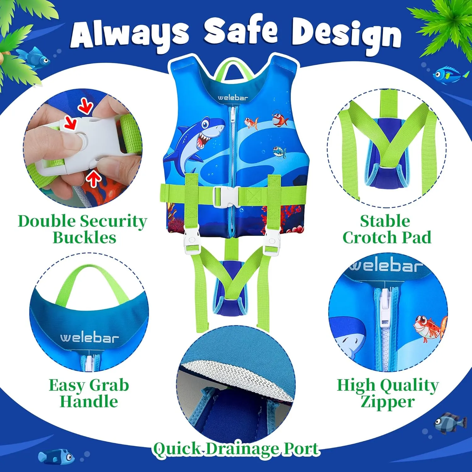 Kids Swim Vest, Toddler Floaties with Adjustable Safety Strap Swimming Aids Child Float Swimsuit for Boys and Girls Age 2-10 Years Old/22-88lbs